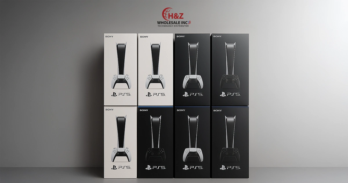 Buy Game Consoles in Bulk – Stacked PS5 Console Boxes Display 